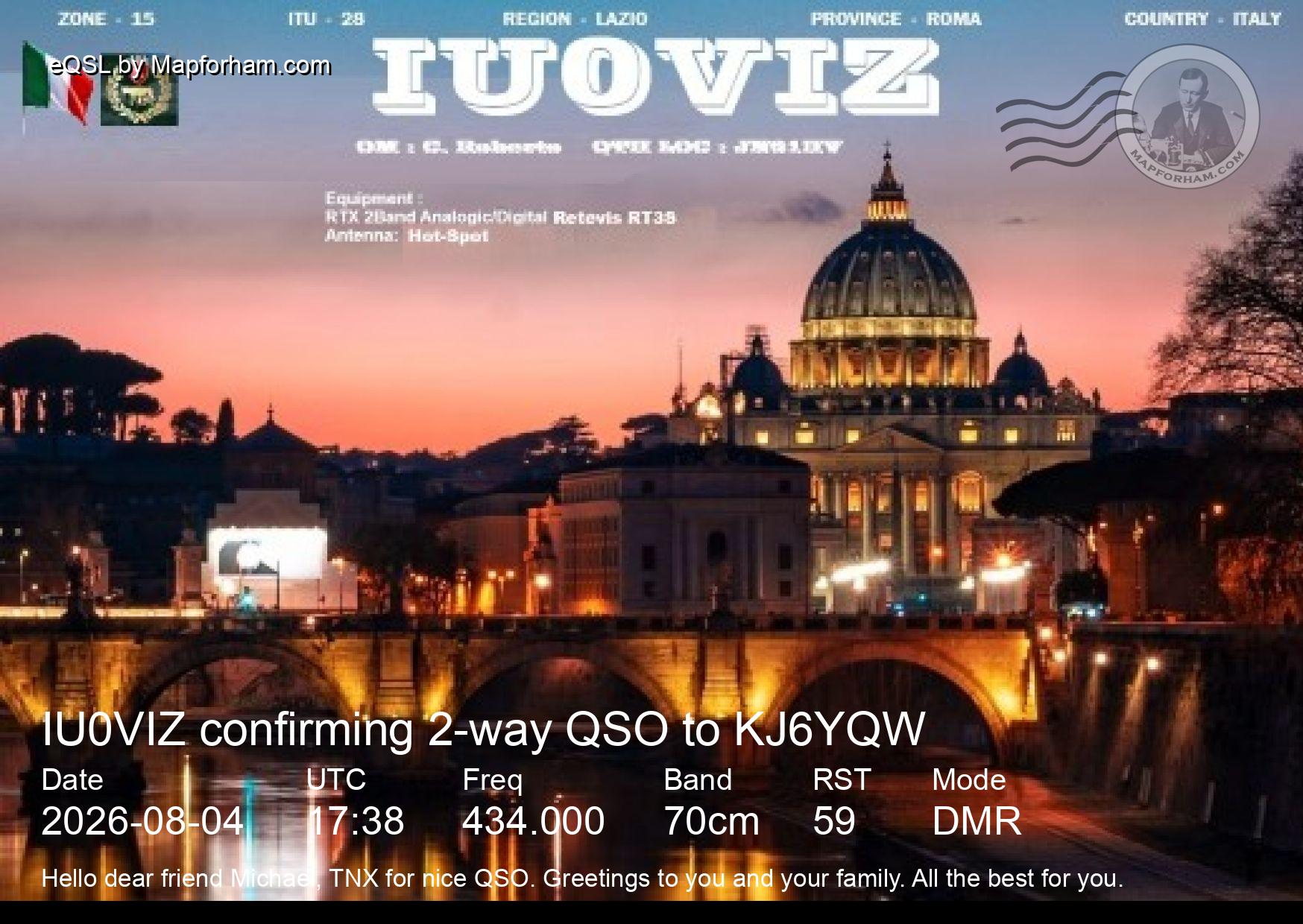 eQSL from IU0VIZ to KJ6YQW eQSL from IU0VIZ to KJ6YQW