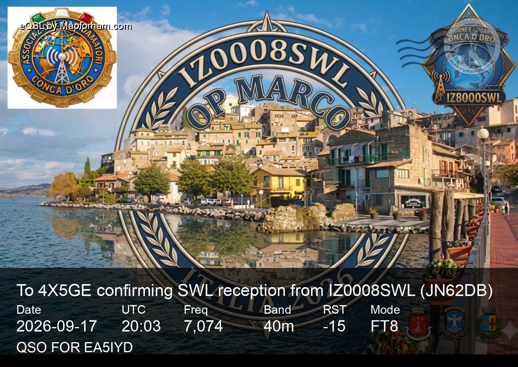 eQSL from IZ0008SWL to 4X5GE