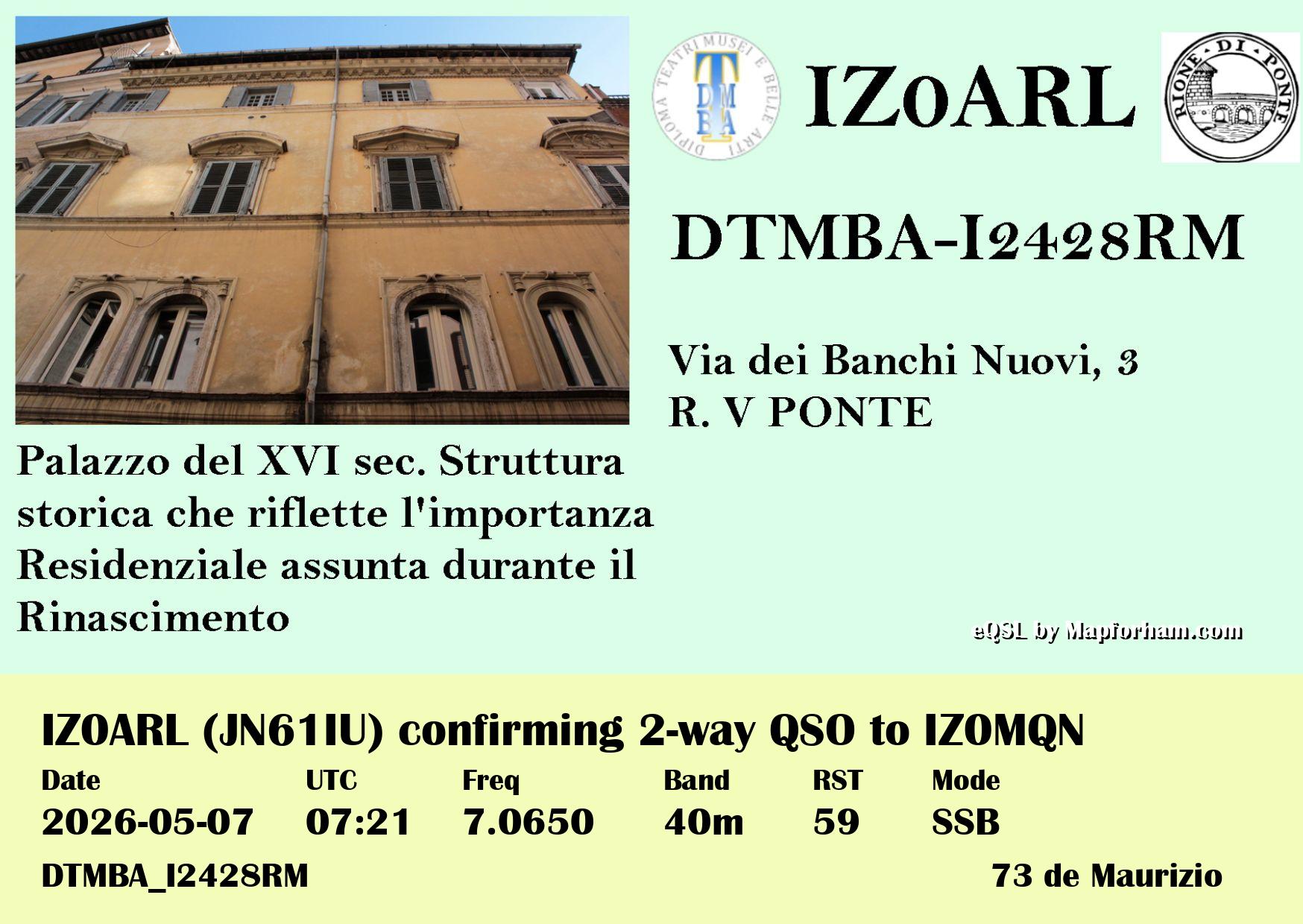 eQSL from IZ0ARL to IZ0MQN